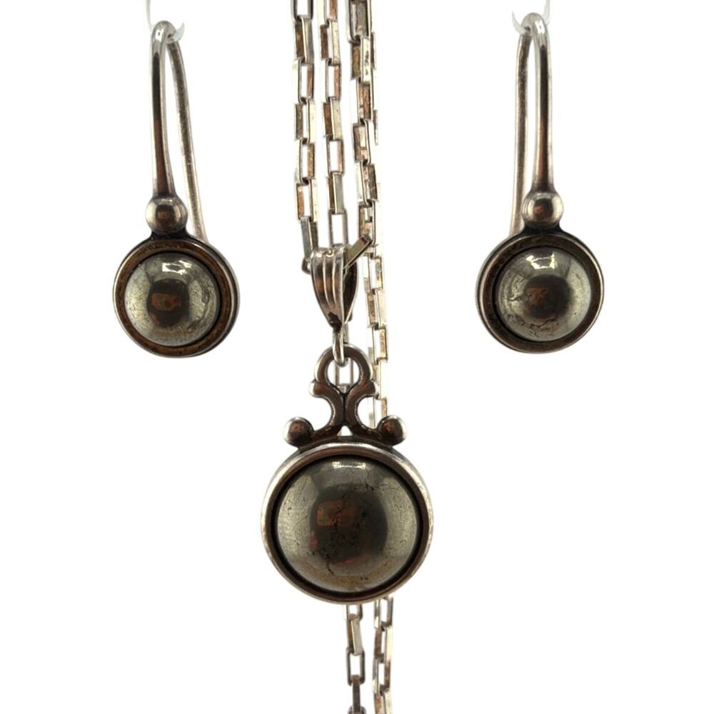 Vintage Sterling Silver Necklace and Dangle Earring Set with Circular Stones